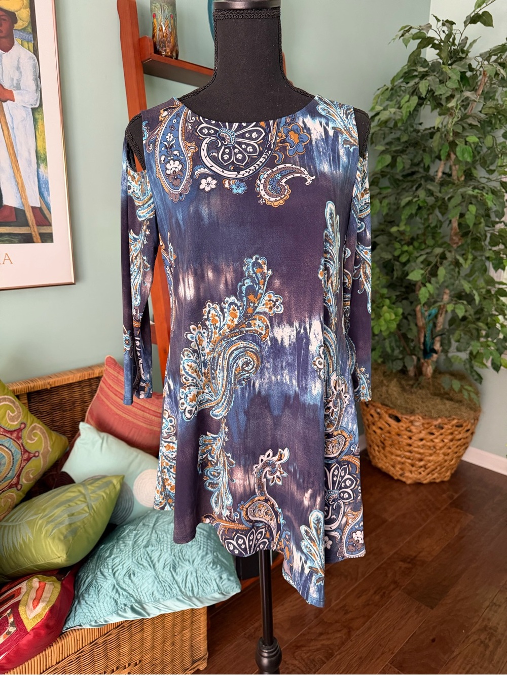 Ariella Teal and Navy Paisley Asymmetrical Tunic Blouse